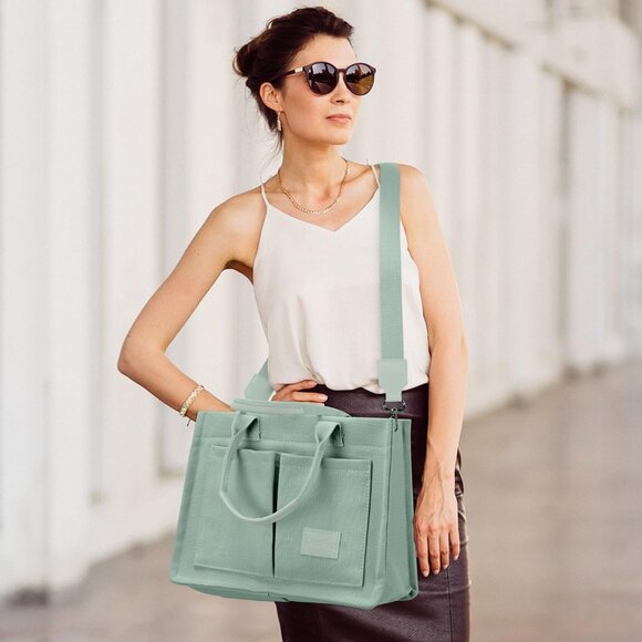 Green Canvas Multi-pocket Women's Tote Bag for Work, Travel, Shopping, Casual Us - Picture 6 of 7